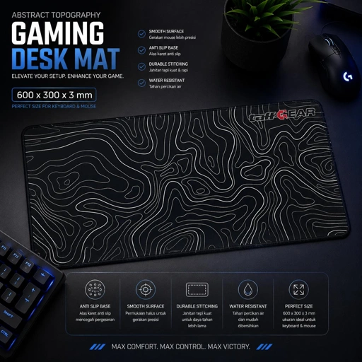 TaffGEAR Mouse Pad Gaming Abstract Topography Area Luas, Desain Modern, Kain Premium