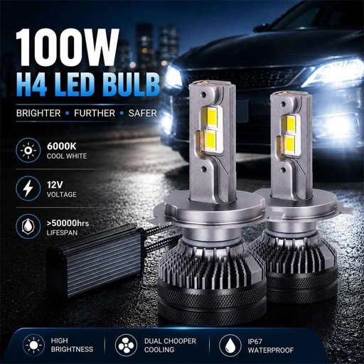 Allextreme Lampu Depan Mobil LED H4 Cool White 12V 100W T50, Pencahayaan Optimal untuk Perjalanan Malam