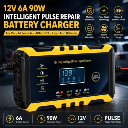 MINUS Charger Aki Mobil Motor 12V 6A Pemeliharaan Aki Optimal, Pengisian Cepat, Proteksi Lengkap