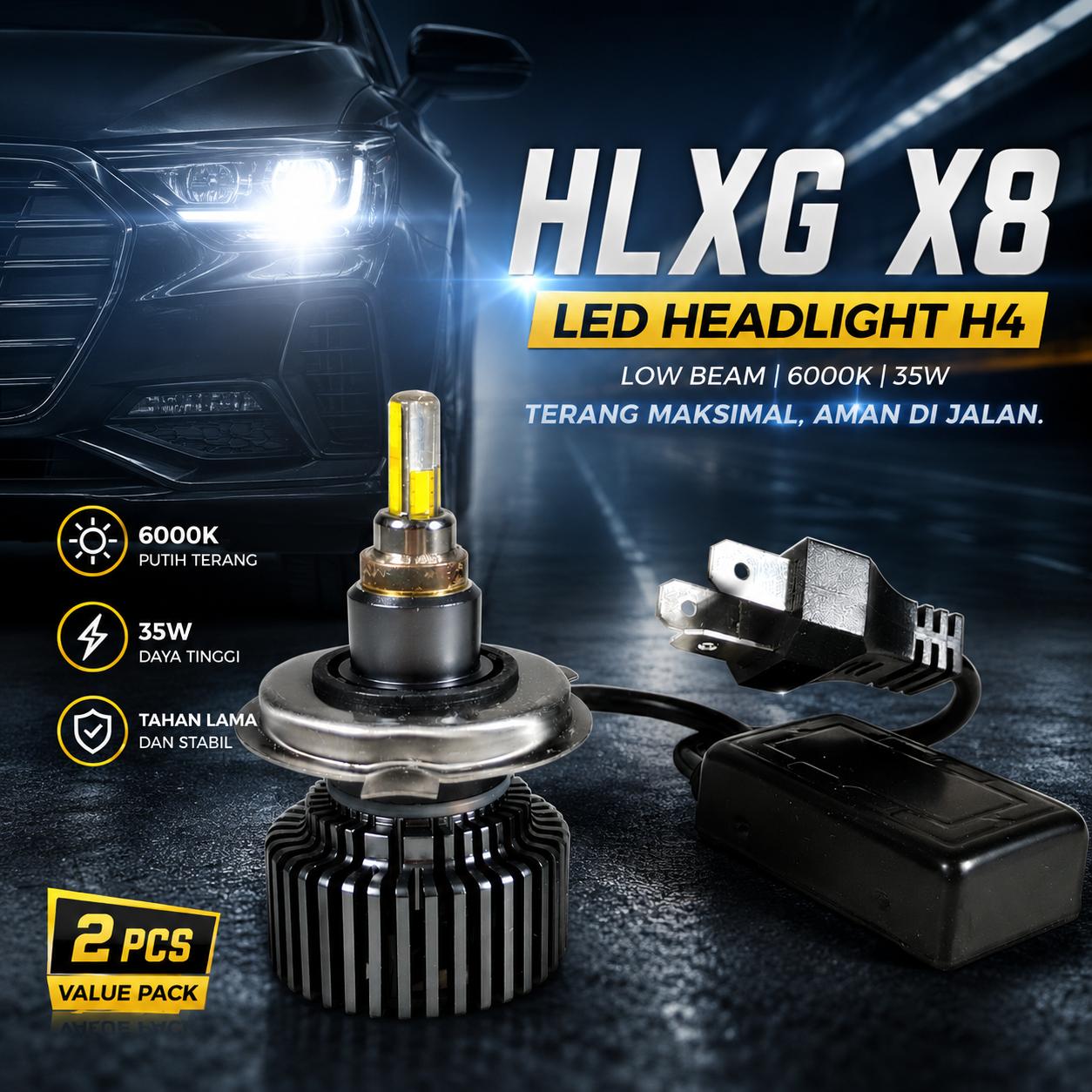 HLXG Lampu Depan Mobil LED H4 X8 Dual Hi/Low Beam Pencahayaan Terang 4000 LM, Cool White 6000 K
