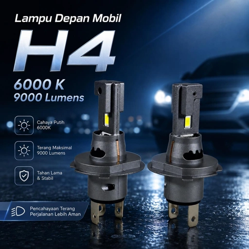 Pampsee Lampu Depan Mobil Headlamp LED H4 6000K 9000 Lumens Cahaya Terang, Efisien Energi, Tahan Cuaca