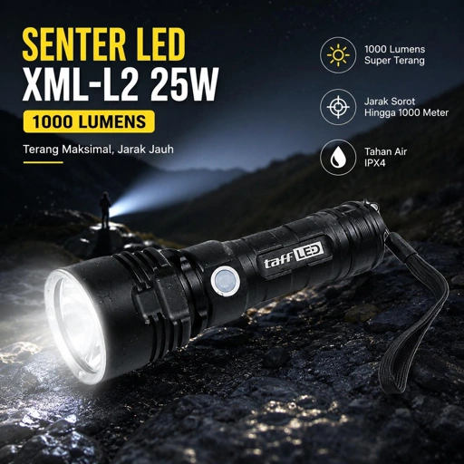 TaffLED Senter LED XML-L2 USB Rechargeable Cahaya Terang 1000 Lumens, Long Range 1000 M
