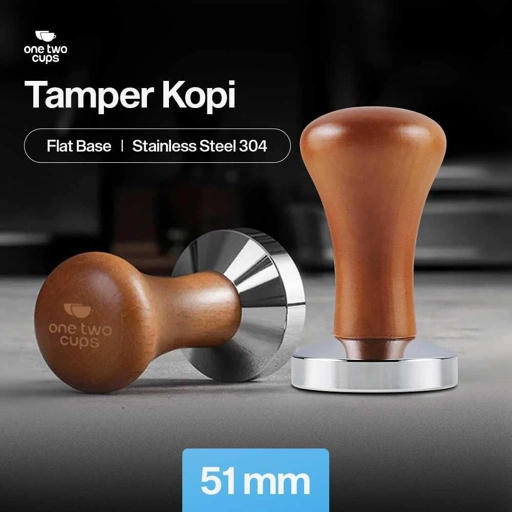 One Two Cups Tamper Kopi Espresso Flat Base Stainless Steel 304 51mm T15, Tingkatkan Ekstraksi Konsisten