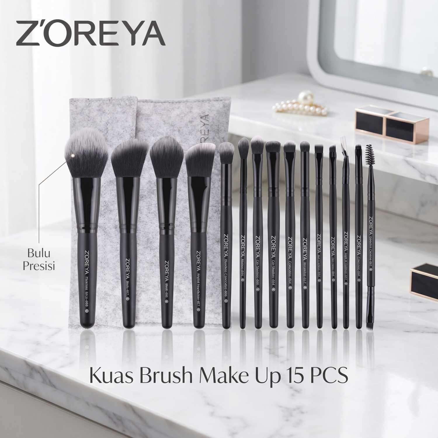 Zoreya Kuas Brush Make Up 15 Set dengan Pouch - ZZ15, Lengkap untuk Tampilan Menawan - Simpan dengan Elegan