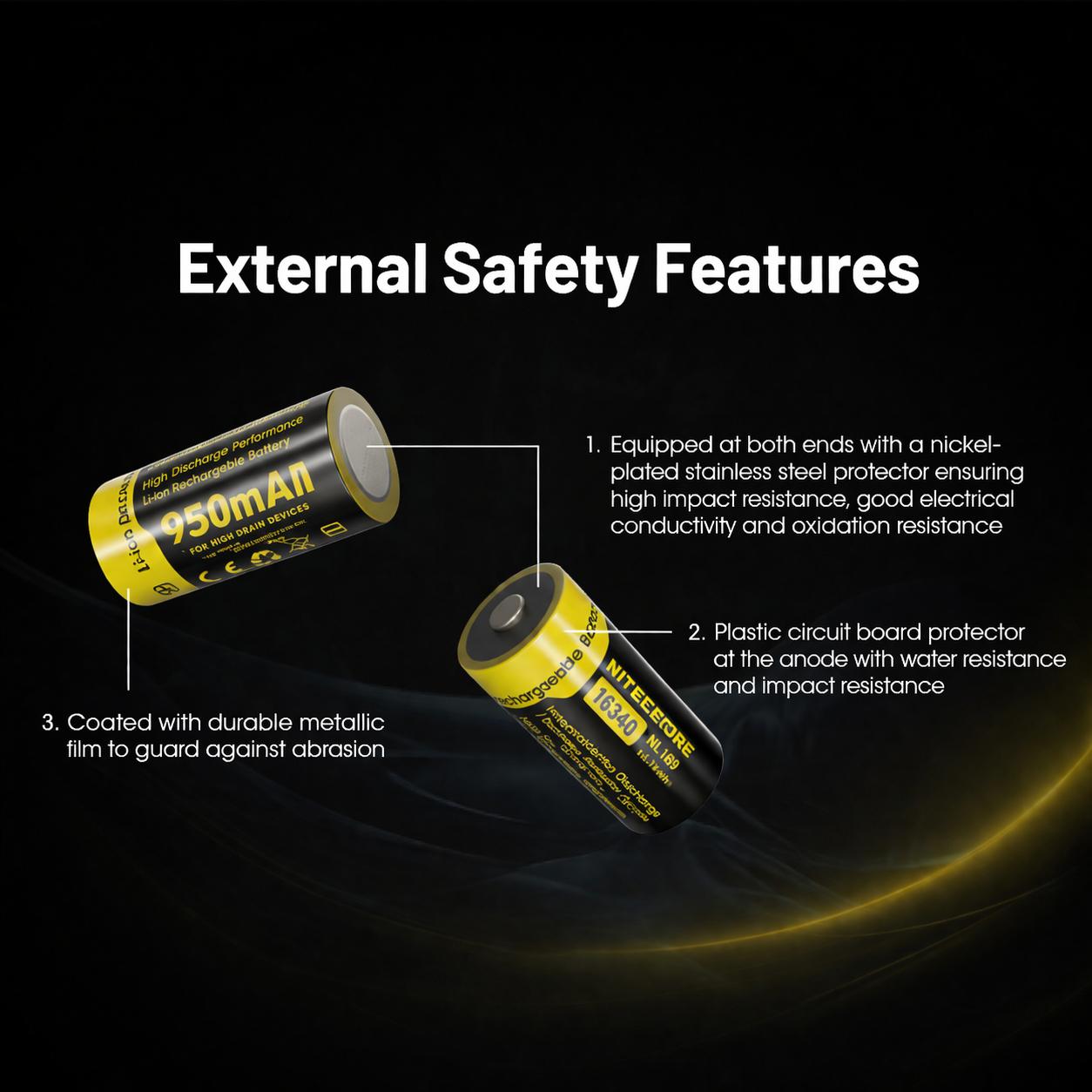 NITECORE Baterai Isi Ulang 16340 Li-Ion 950mAh Performa Stabil, Perlindungan Canggih, Ramah Lingkungan