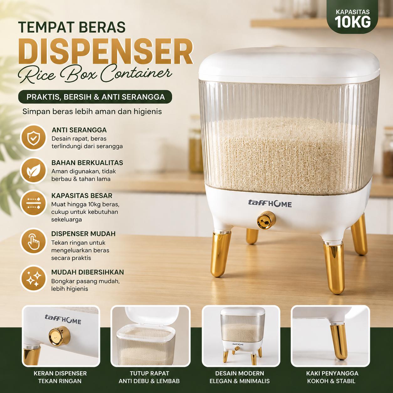 TaffHOME Tempat Beras Dispenser Insect Proof 10kg Praktis dan Efisien, Desain Modern