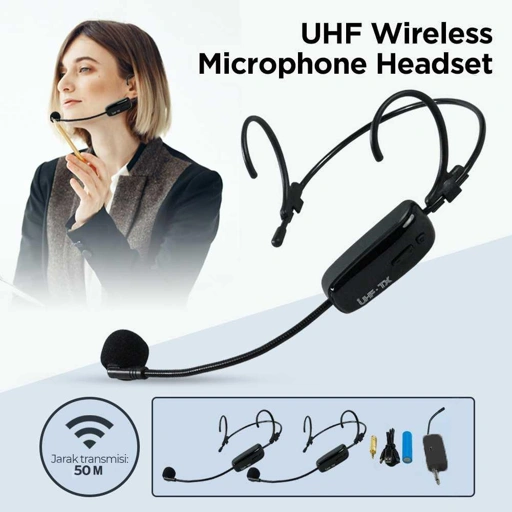 TaffSTUDIO Wireless Microphone Headset Stabil UHF, Jangkauan 50M, Desain Ergonomis