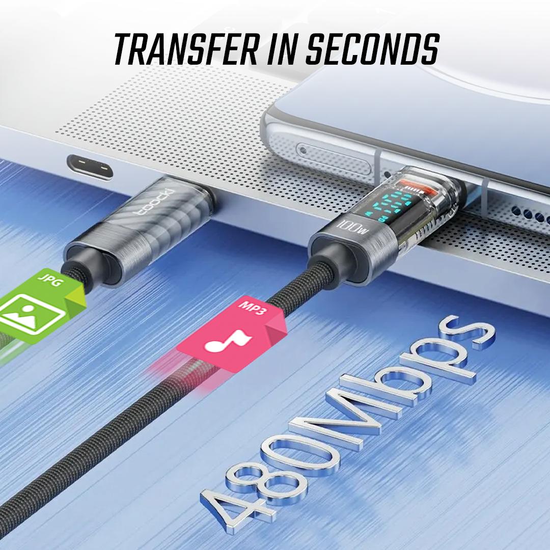 Toocki Kabel Data Type C to Type C Fast Charging LED Display 100W Isi Daya Cepat, Transfer Cepat