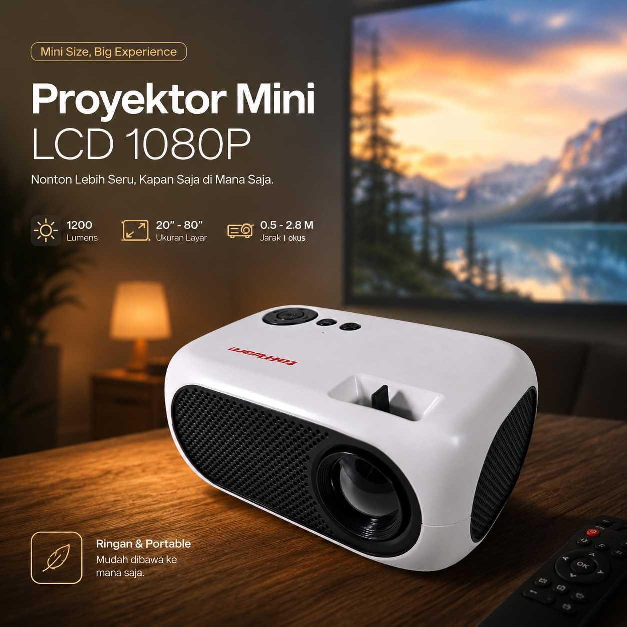 Taffware Proyektor Mini LCD Full HD 1080P 1200 Lumens Pengalaman Menonton Lebih Nyaman dan Seru, Desain Elegan