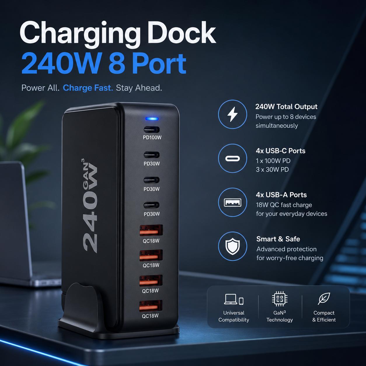 GaN Pro Desktop Charger USB Type C Pengisian Cepat 4 Perangkat, Hemat Waktu