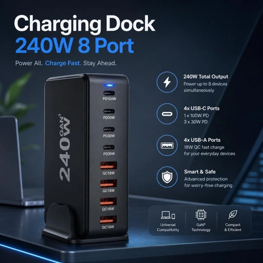 GaN Pro Desktop Charger USB Type C Pengisian Cepat 4 Perangkat, Hemat Waktu