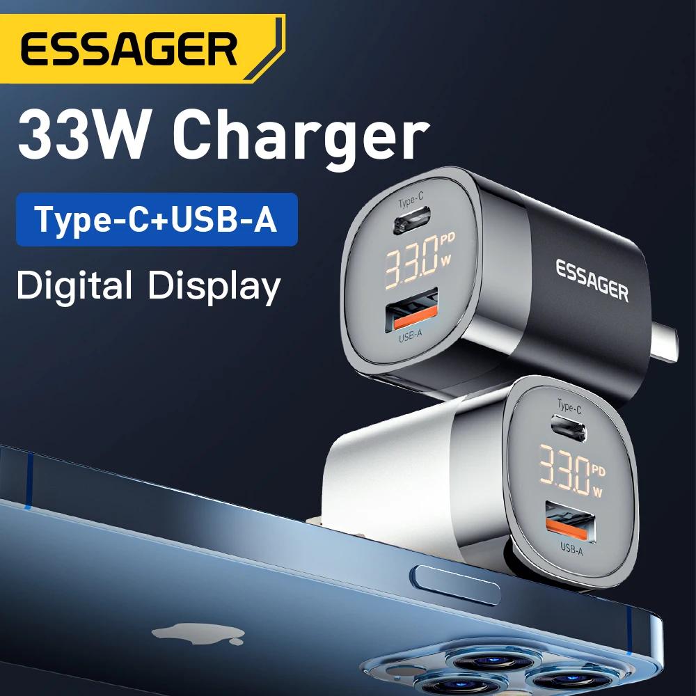 ESSAGER Kepala Charger Fast Charging GaN PD Dual Port USB Type C 33W Pengisian Cepat dan Stabil, Kompatibel untuk Berbagai Perangkat