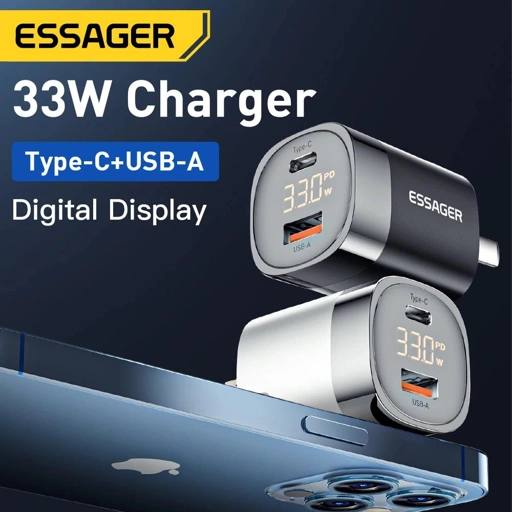 ESSAGER Kepala Charger Fast Charging GaN PD Dual Port USB Type C 33W Pengisian Cepat dan Stabil, Kompatibel untuk Berbagai Perangkat