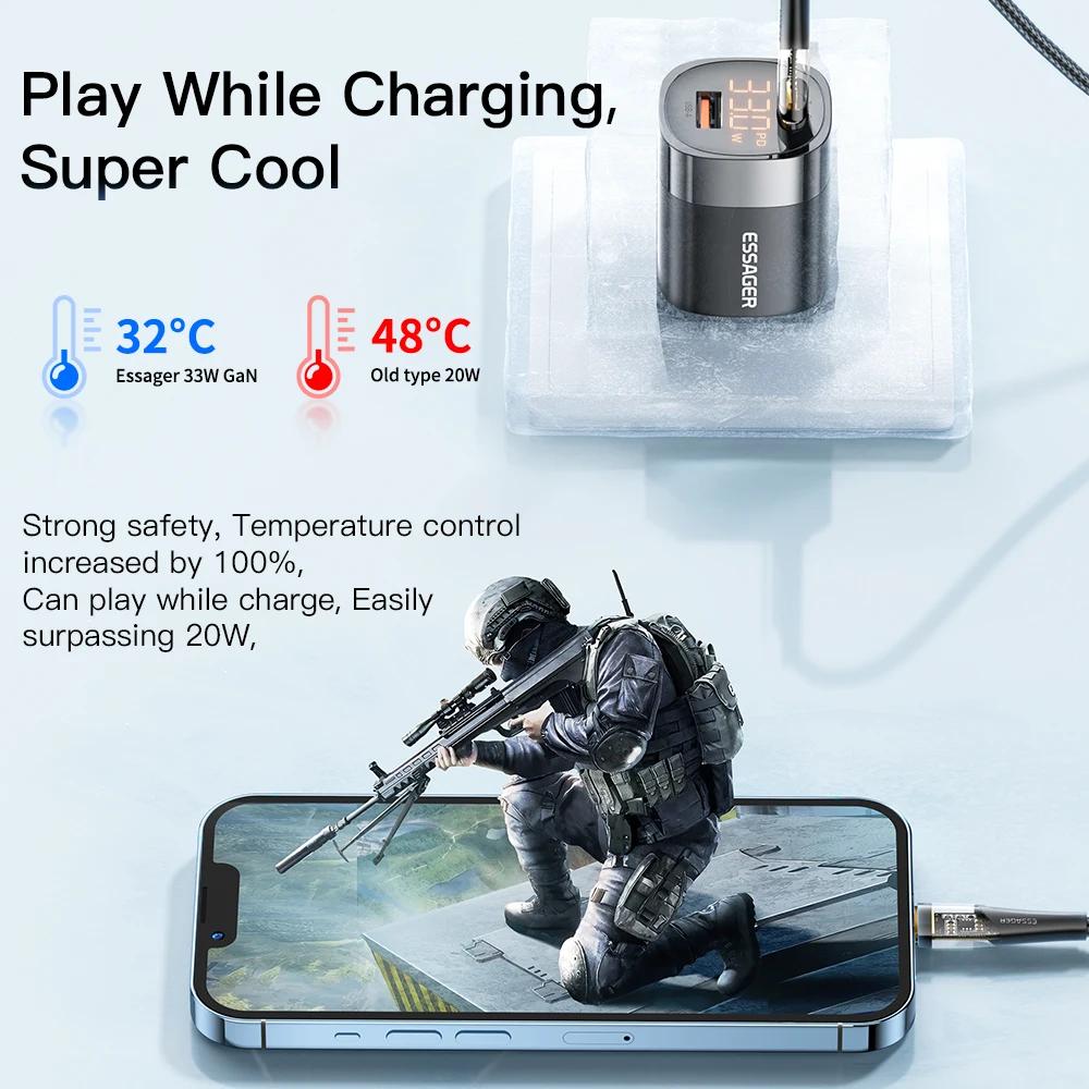 ESSAGER Kepala Charger Fast Charging GaN PD Dual Port USB Type C 33W Pengisian Cepat dan Stabil, Kompatibel untuk Berbagai Perangkat