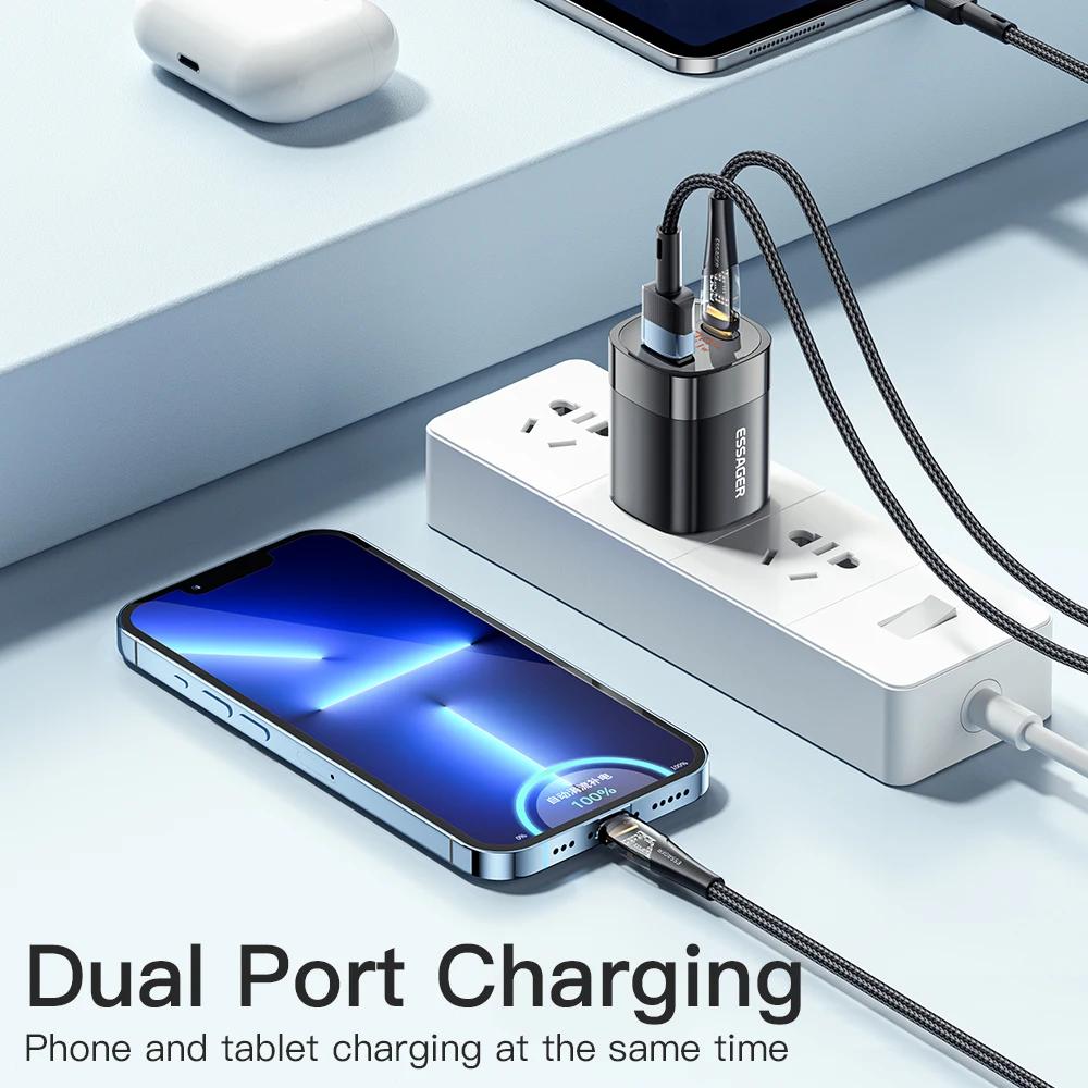 ESSAGER Kepala Charger Fast Charging GaN PD Dual Port USB Type C 33W Pengisian Cepat dan Stabil, Kompatibel untuk Berbagai Perangkat