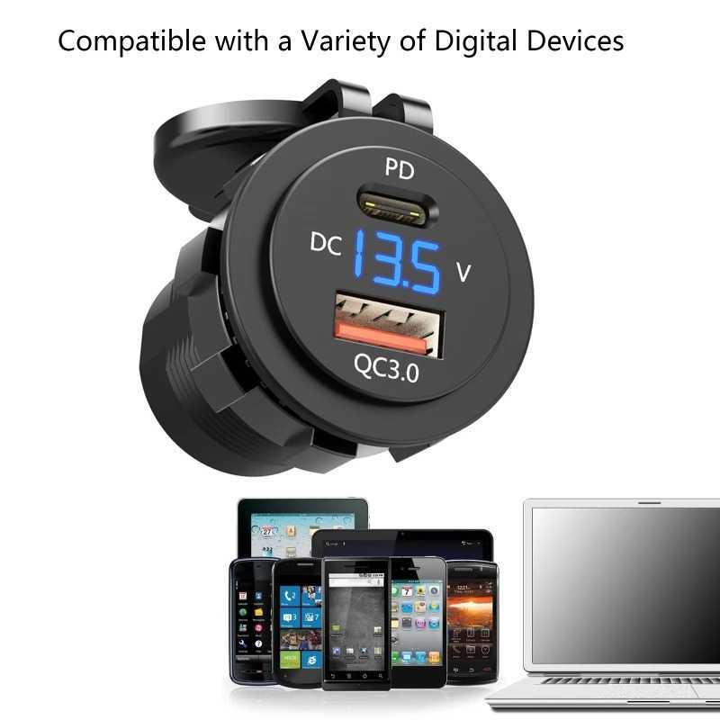 OTOHEROES Charger HP Motor Dual USB QC 3.0 Type C 12V Voltmeter Pengisian Super Cepat, Perlindungan Waterproof