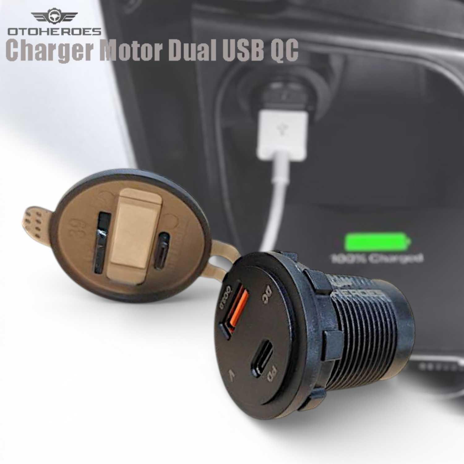 OTOHEROES Charger HP Motor Dual USB QC 3.0 Type C 12V Voltmeter Pengisian Super Cepat, Perlindungan Waterproof