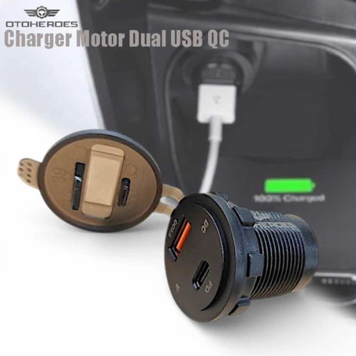 OTOHEROES Charger HP Motor Dual USB QC 3.0 Type C 12V Voltmeter Pengisian Super Cepat, Perlindungan Waterproof