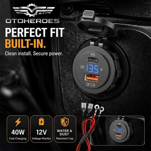 OTOHEROES Charger HP Motor Dual USB QC 3.0 Type C 12V Voltmeter Pengisian Super Cepat, Perlindungan Waterproof