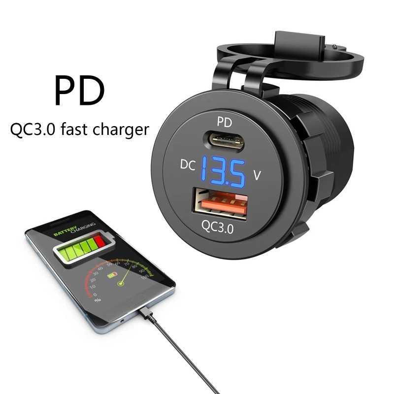 OTOHEROES Charger HP Motor Dual USB QC 3.0 Type C 12V Voltmeter Pengisian Super Cepat, Perlindungan Waterproof