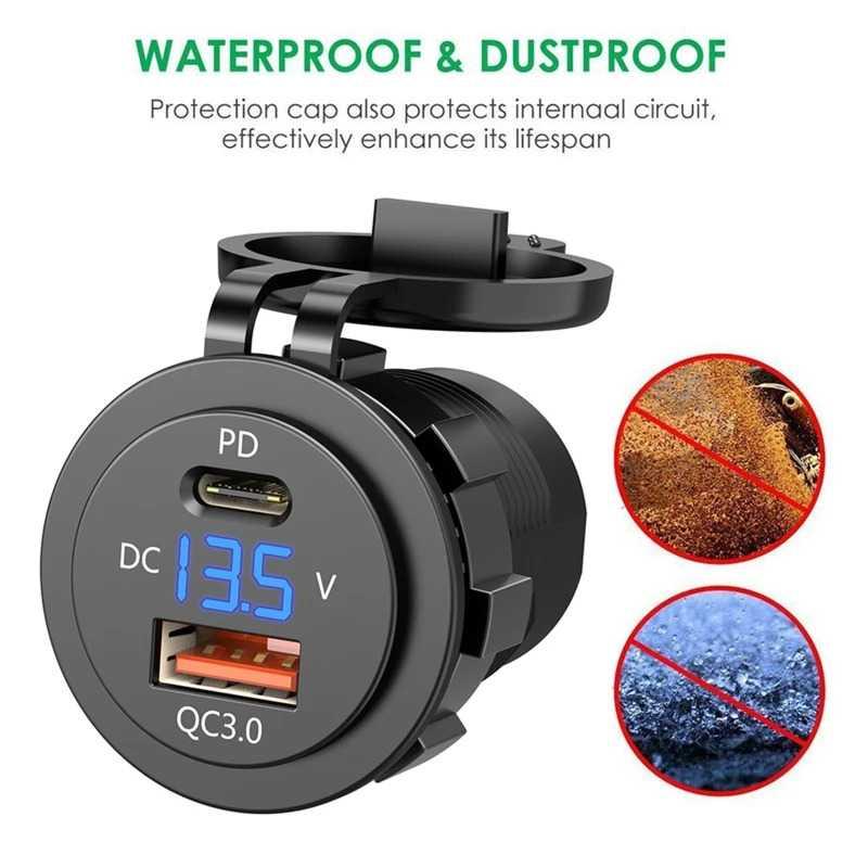 OTOHEROES Charger HP Motor Dual USB QC 3.0 Type C 12V Voltmeter Pengisian Super Cepat, Perlindungan Waterproof