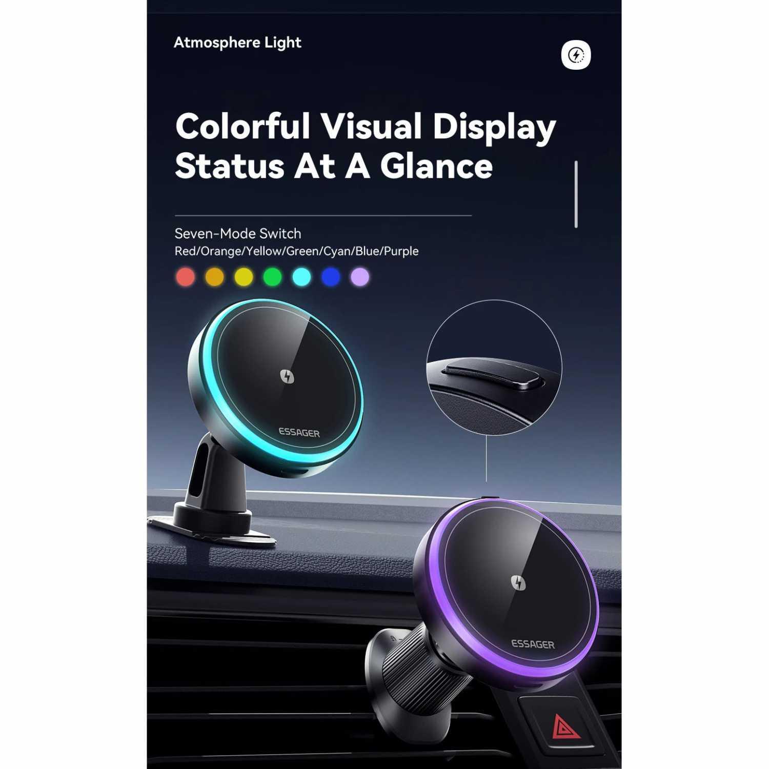 ESSAGER Car Charger Mobil Wireless Magnetic N52 Rotatable LED 15W Pengisian Cepat dan Aman, Desain Inovatif