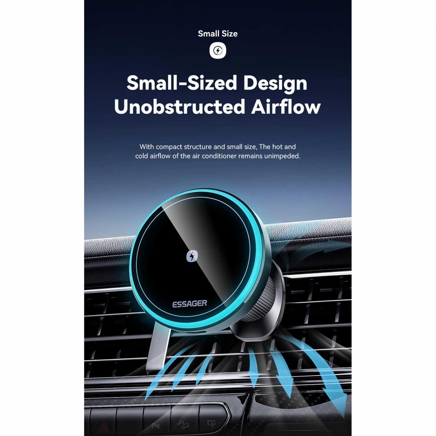 ESSAGER Car Charger Mobil Wireless Magnetic N52 Rotatable LED 15W Pengisian Cepat dan Aman, Desain Inovatif