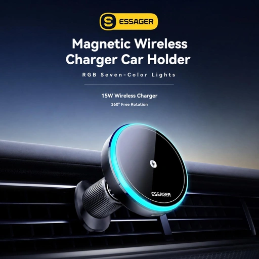 ESSAGER Car Charger Mobil Wireless Magnetic N52 Rotatable LED 15W Pengisian Cepat dan Aman, Desain Inovatif