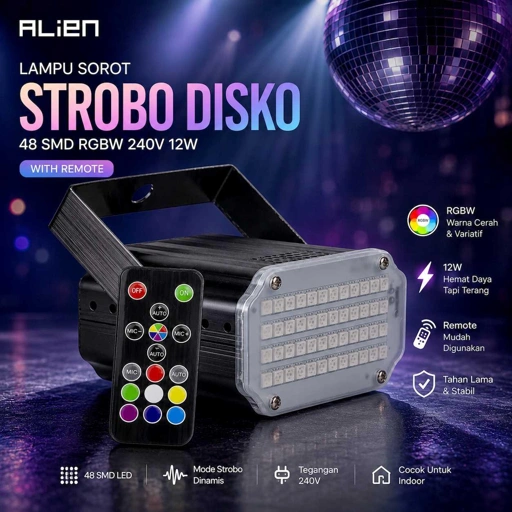 ALiEN Lampu Sorot Strobo Disko 48 SMD RGBW 240V 12W with Remote Gemerlap Warna, Pengendali Jarak Jauh