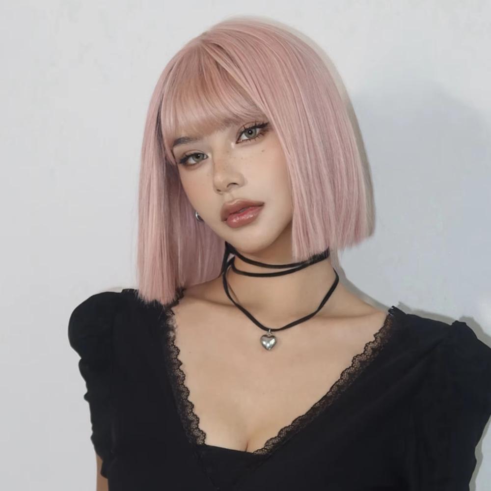 HAIRCUBE Wig Rambut Palsu Bob Chic - Tampil Chic dan Imut, Model Fresh, Warna Pink Stylish