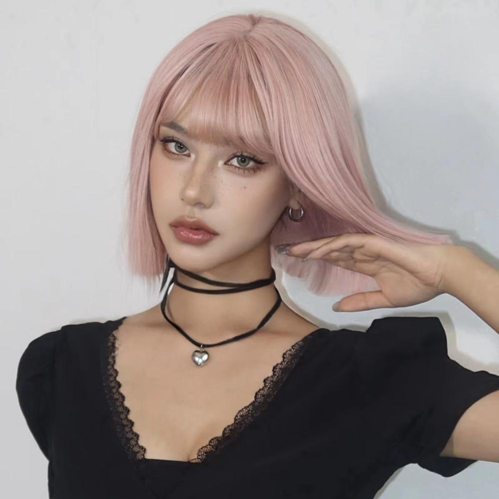 HAIRCUBE Wig Rambut Palsu Bob Chic - Tampil Chic dan Imut, Model Fresh, Warna Pink Stylish