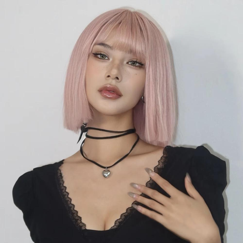 HAIRCUBE Wig Rambut Palsu Bob Chic - Tampil Chic dan Imut, Model Fresh, Warna Pink Stylish