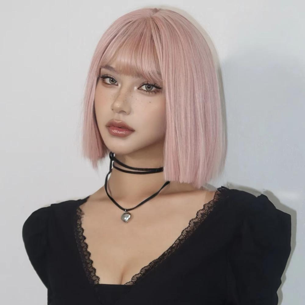 HAIRCUBE Wig Rambut Palsu Bob Chic - Tampil Chic dan Imut, Model Fresh, Warna Pink Stylish