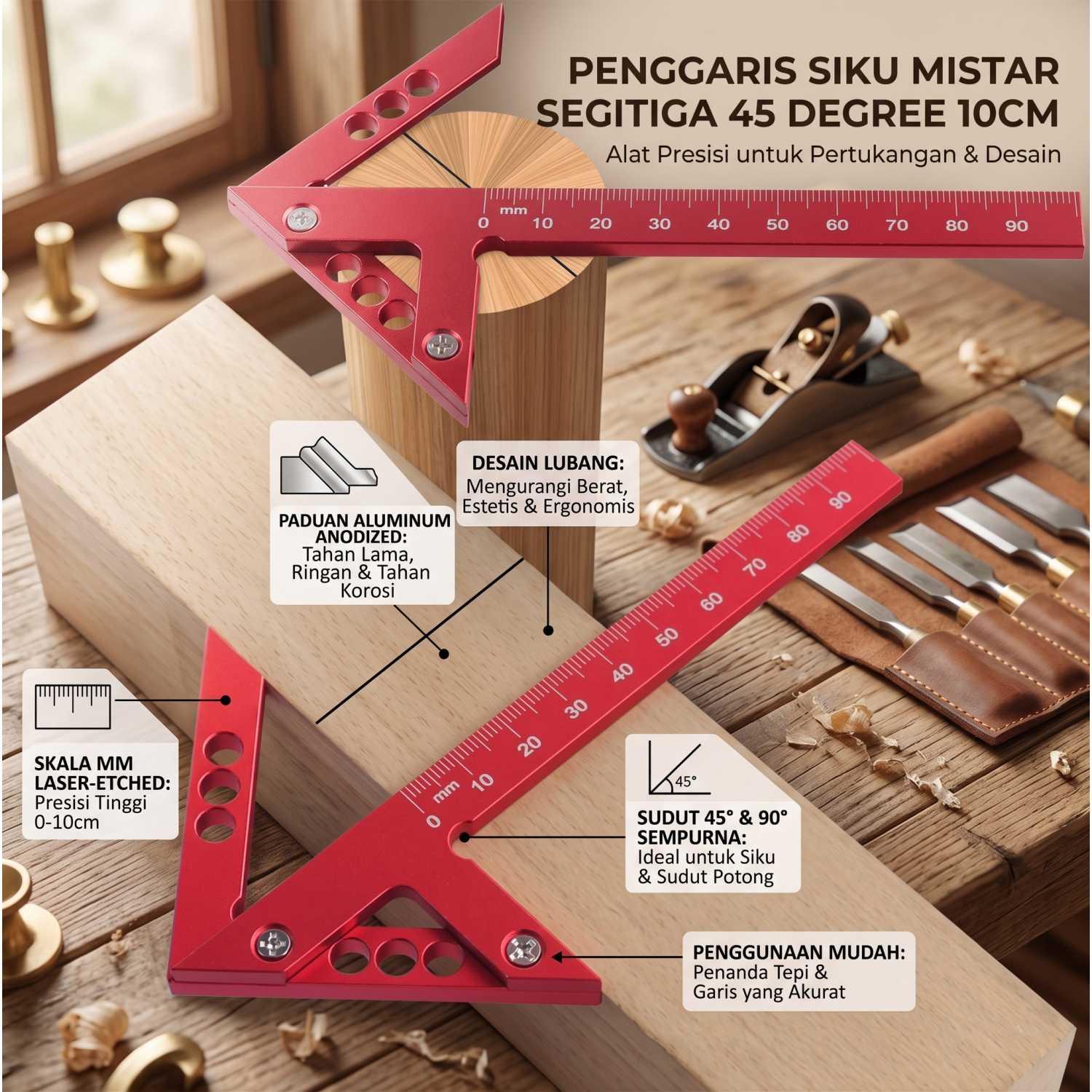 Rheeros Penggaris Siku Triangle Center Finder 45 Degree - Presisi Sudut, Kuat dan Tahan Lama