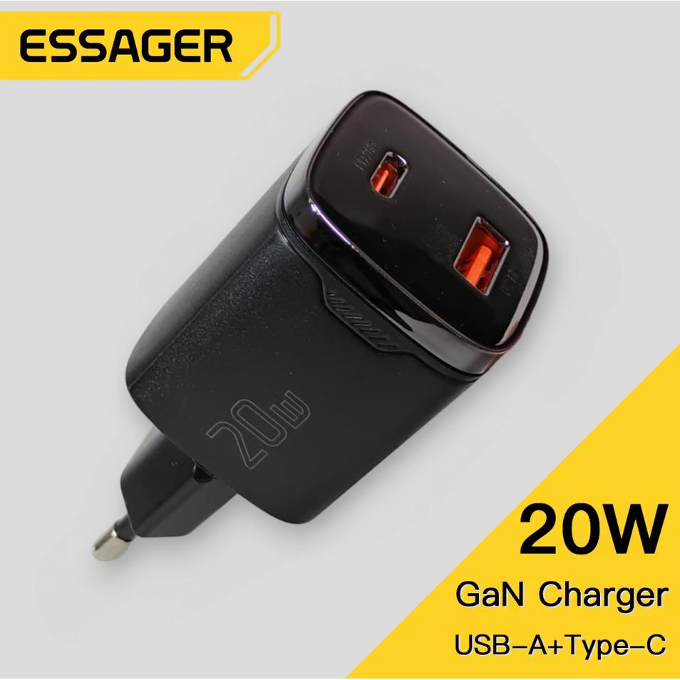 ESSAGER Kepala Charger Dual Port GaN Fast Charging Hemat Waktu Pengisian, Aman, Multifungsi