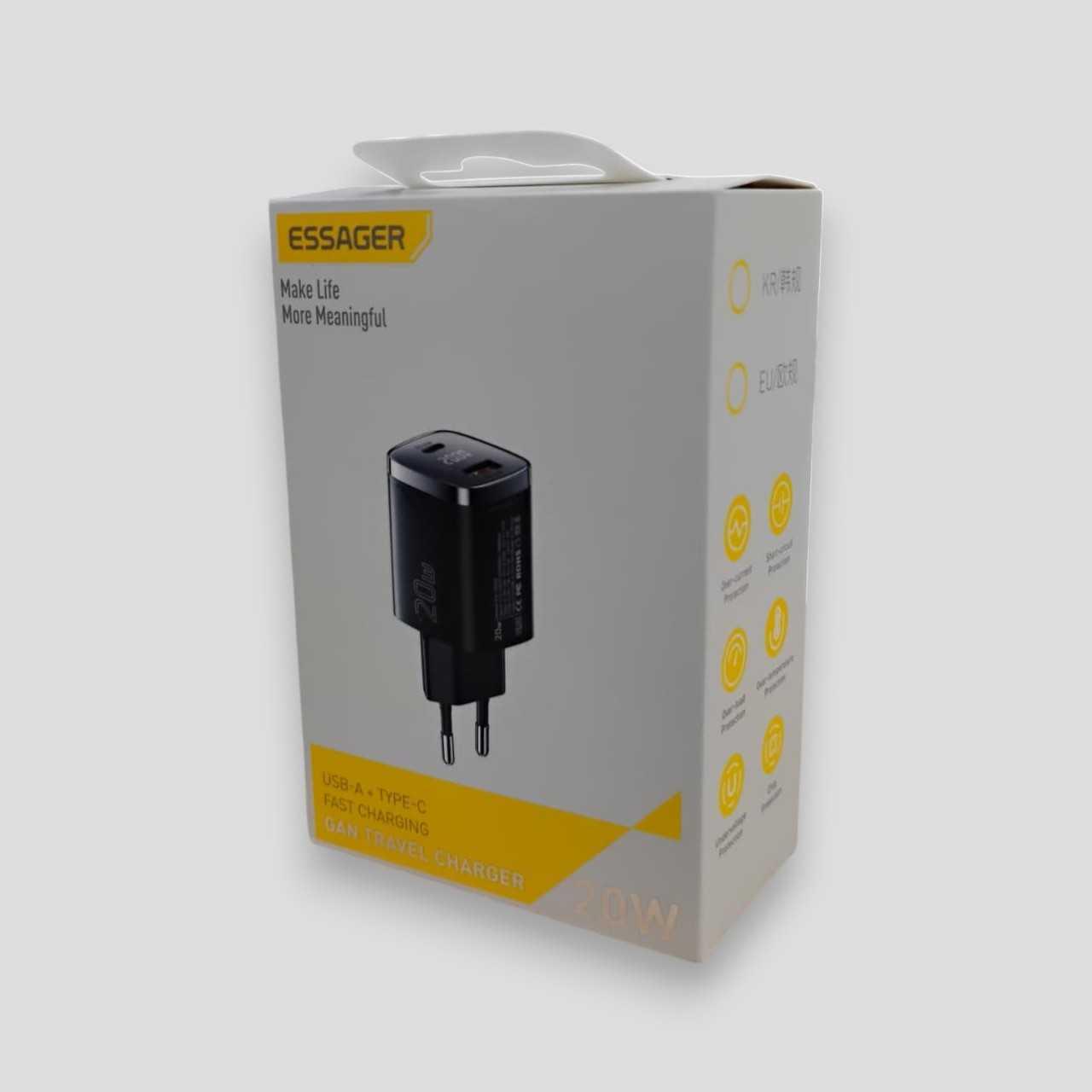 ESSAGER Kepala Charger Dual Port GaN Fast Charging Hemat Waktu Pengisian, Aman, Multifungsi
