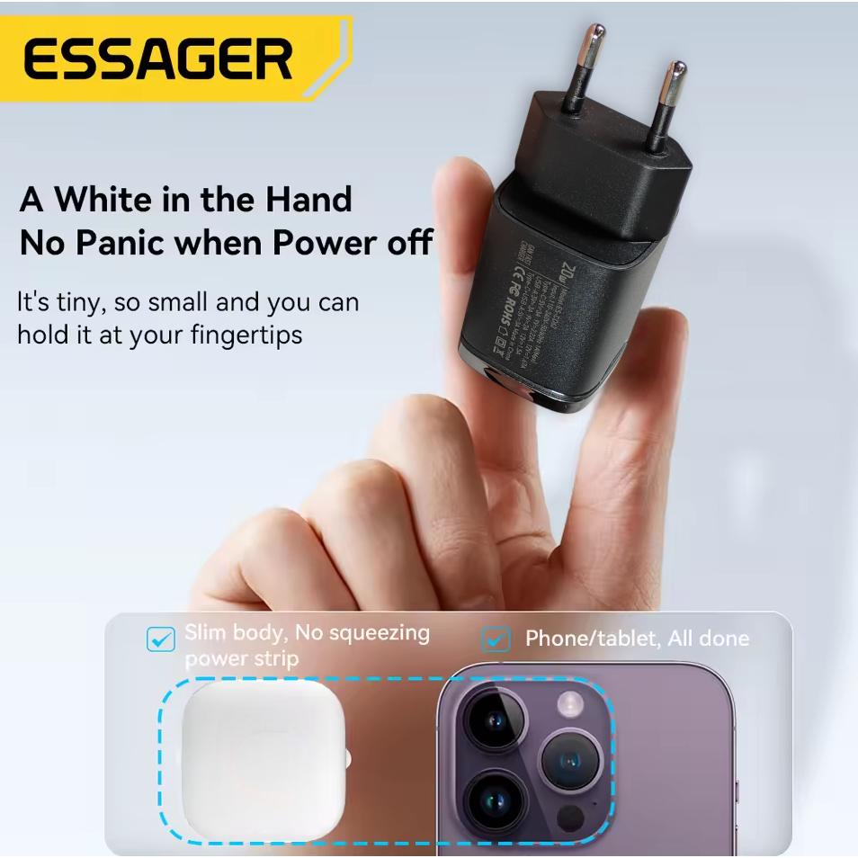 ESSAGER Kepala Charger Dual Port GaN Fast Charging Hemat Waktu Pengisian, Aman, Multifungsi