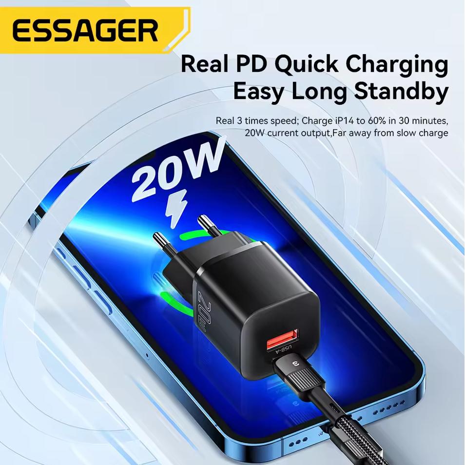 ESSAGER Kepala Charger Dual Port GaN Fast Charging Hemat Waktu Pengisian, Aman, Multifungsi