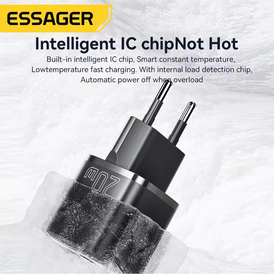 ESSAGER Kepala Charger Dual Port GaN Fast Charging Hemat Waktu Pengisian, Aman, Multifungsi
