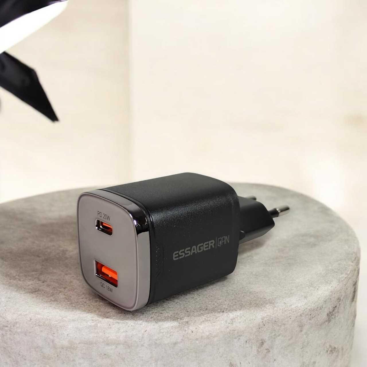 ESSAGER Kepala Charger Dual Port GaN Fast Charging Hemat Waktu Pengisian, Aman, Multifungsi