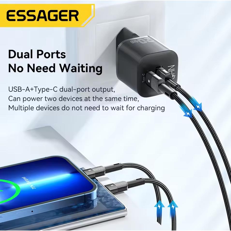 ESSAGER Kepala Charger Dual Port GaN Fast Charging Hemat Waktu Pengisian, Aman, Multifungsi