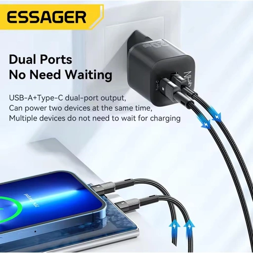 ESSAGER Kepala Charger Dual Port GaN Fast Charging Hemat Waktu Pengisian, Aman, Multifungsi