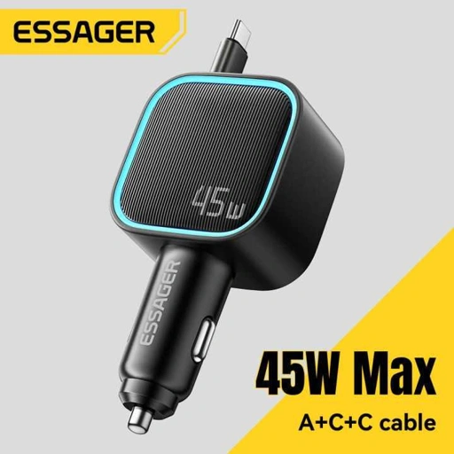 ESSAGER Charger Mobil Fast Charging PD 45W with Retractable Cable Efisiensi Pengisian Tanpa Kusut, Solusi Praktis!