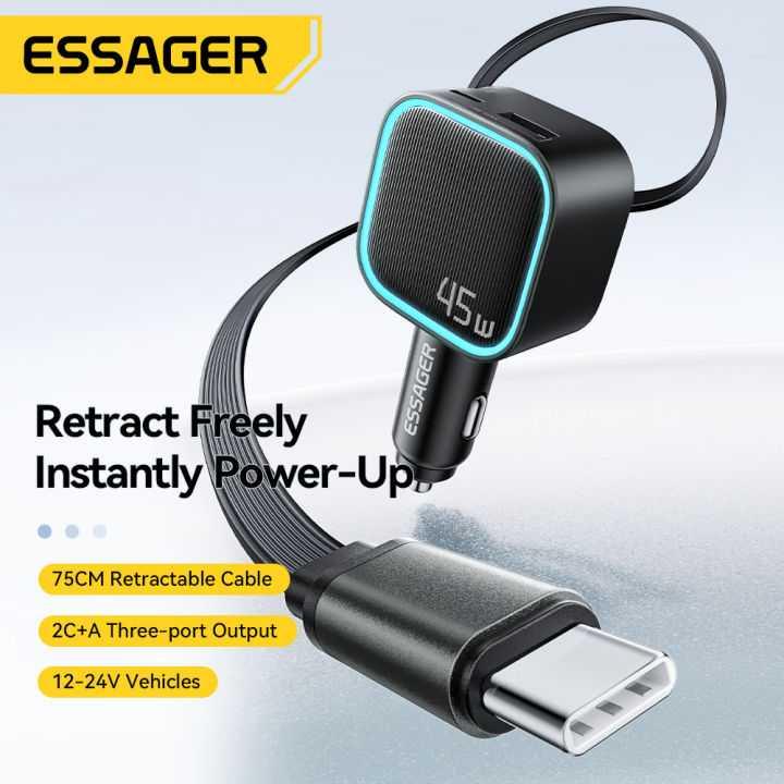 ESSAGER Charger Mobil Fast Charging PD 45W with Retractable Cable Efisiensi Pengisian Tanpa Kusut, Solusi Praktis!