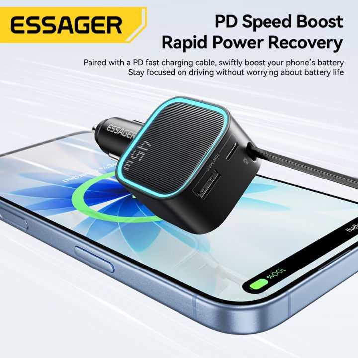 ESSAGER Charger Mobil Fast Charging PD 45W with Retractable Cable Efisiensi Pengisian Tanpa Kusut, Solusi Praktis!