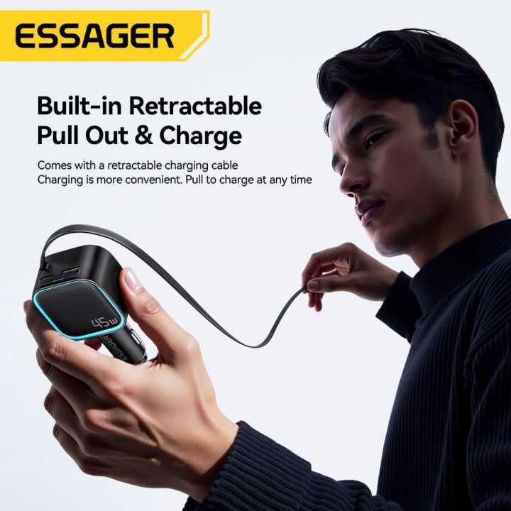 ESSAGER Charger Mobil Fast Charging PD 45W with Retractable Cable Efisiensi Pengisian Tanpa Kusut, Solusi Praktis!