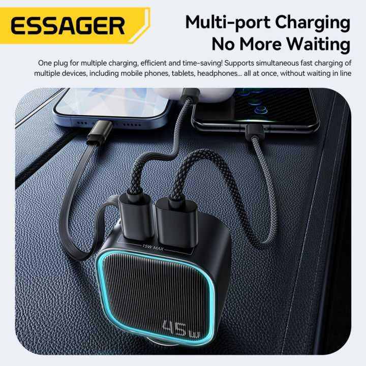 ESSAGER Charger Mobil Fast Charging PD 45W with Retractable Cable Efisiensi Pengisian Tanpa Kusut, Solusi Praktis!