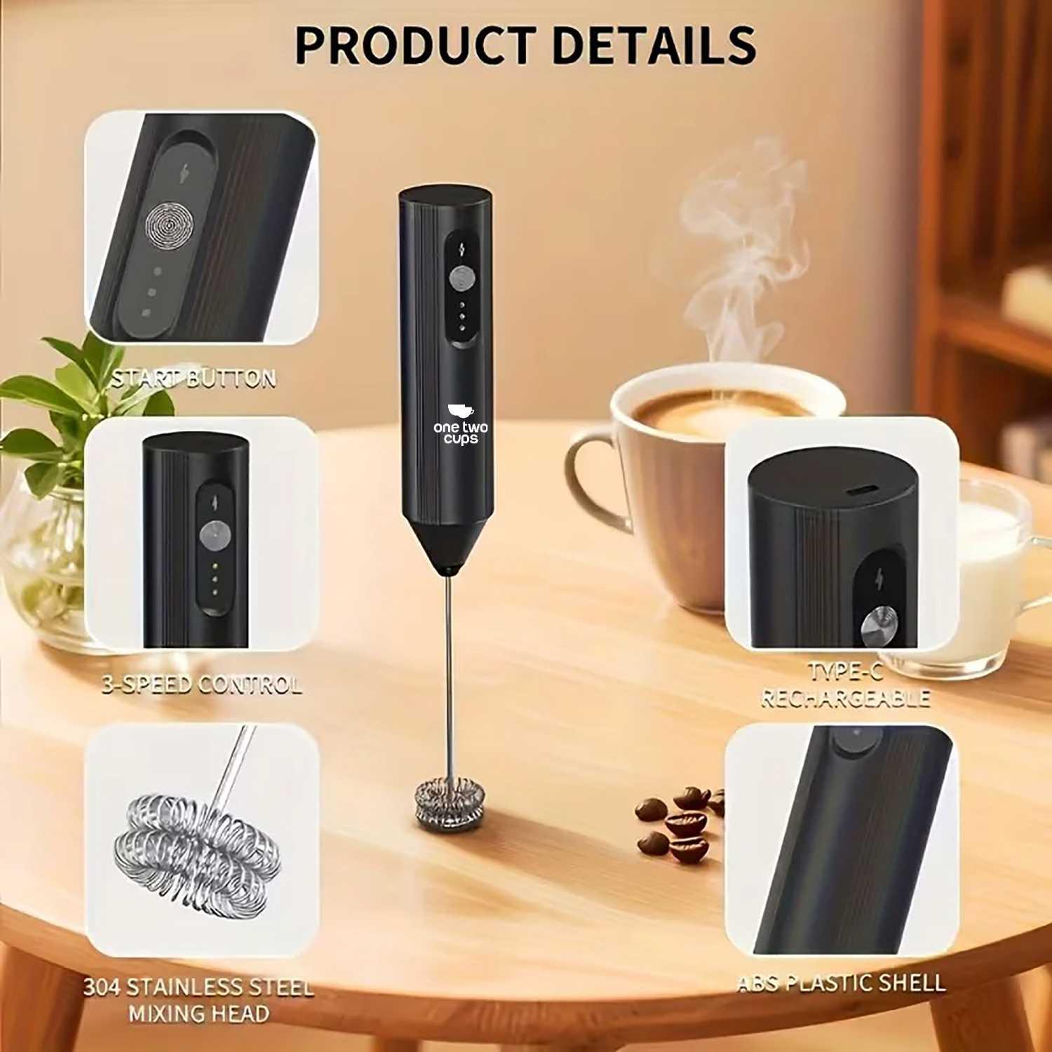 One Two Cups Hand Mixer Mini Pengocok Milk Frother Menghasilkan Buih Sempurna dalam Hitungan Detik, Praktis dan Efisien