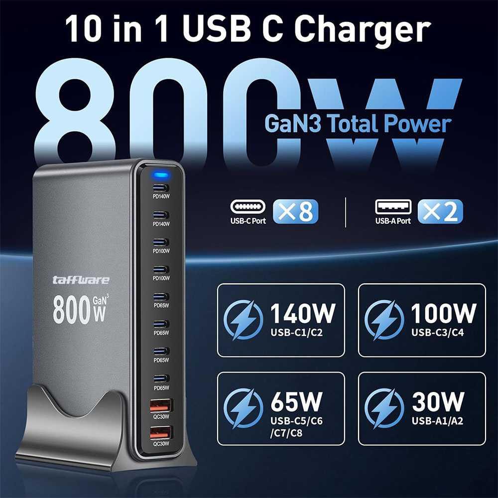 Taffware Charger Station 10 Port GaN3 Fast Charging Multi Device, Global Compatibility