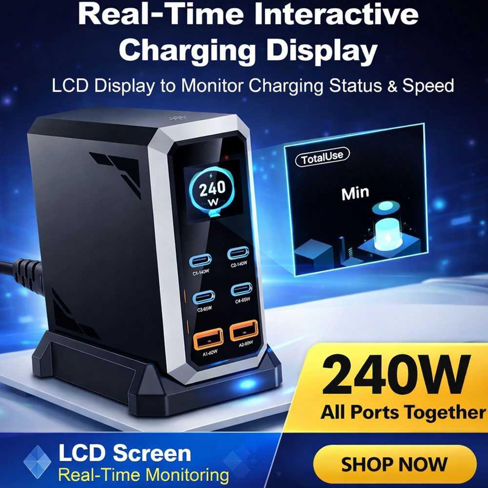 Taffware Charger Station GaN 240W Fast Charging 6 Port, LED Display